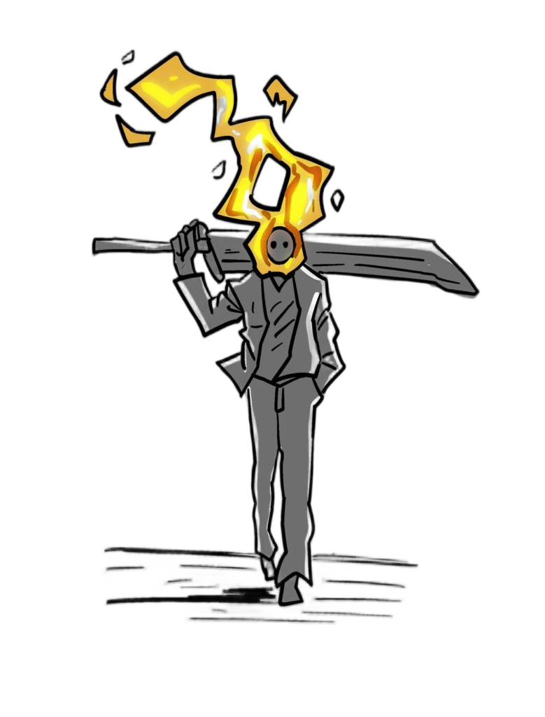 Drawing character with a sword and fire on his face